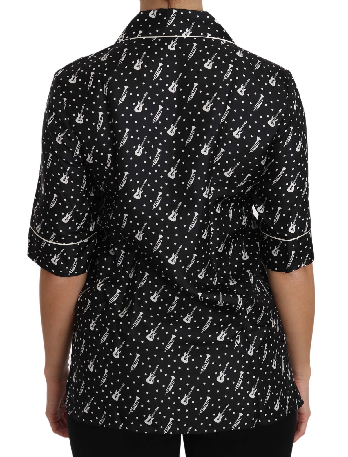 Dolce & Gabbana Black Guitar Trumpet Print Silk Shirt Top