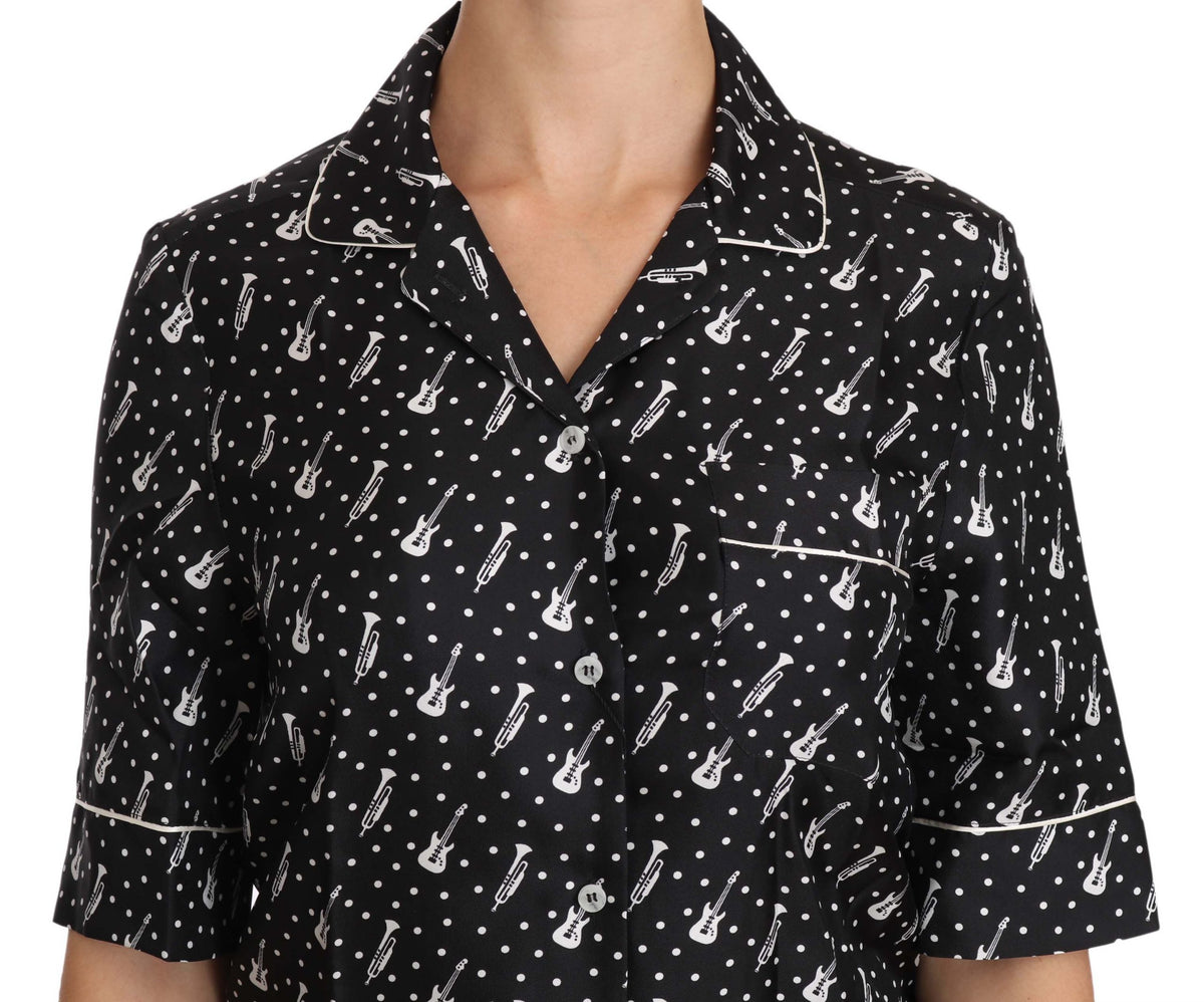 Dolce & Gabbana Black Guitar Trumpet Print Silk Shirt Top