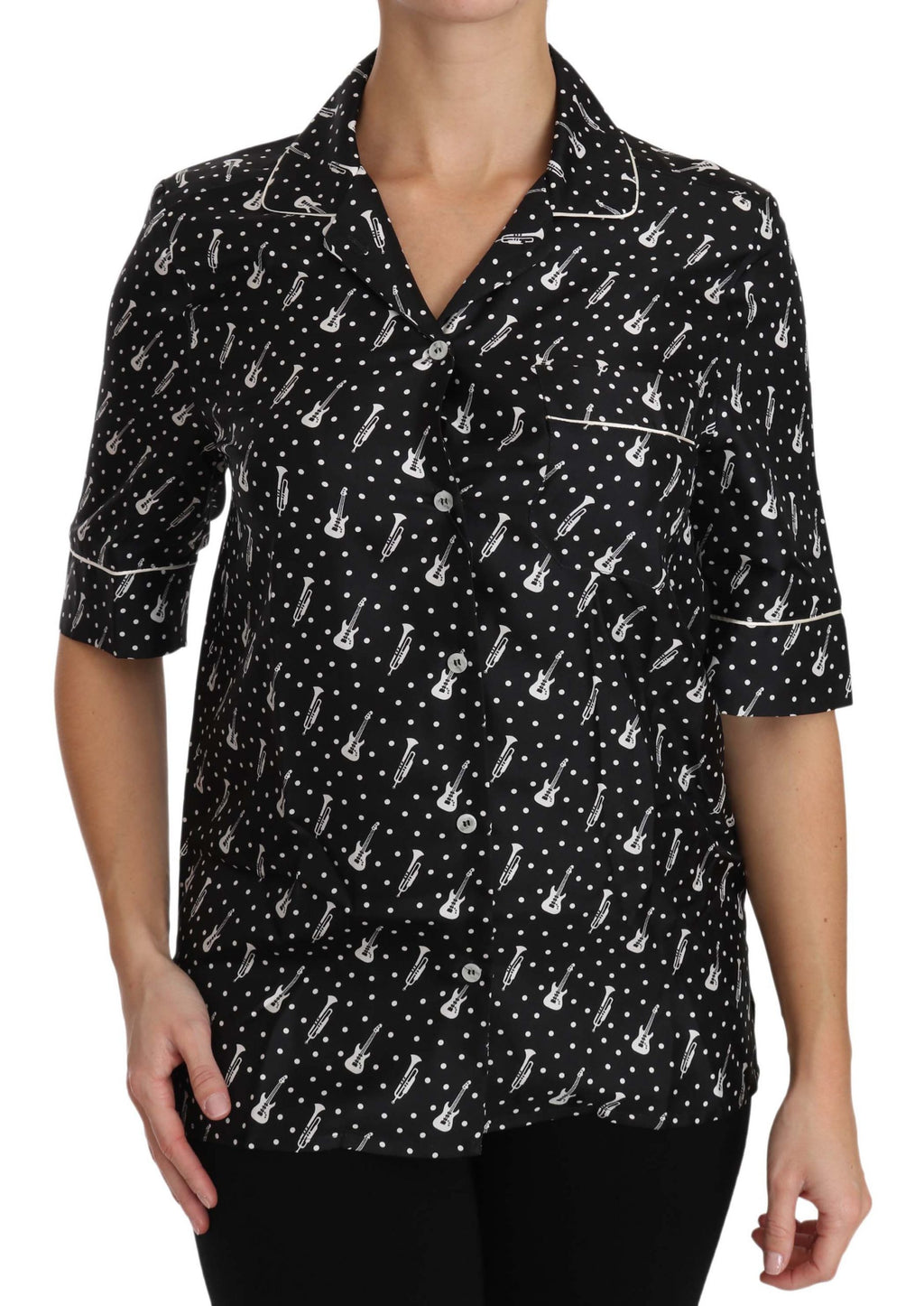 Dolce & Gabbana Black Guitar Trumpet Print Silk Shirt Top