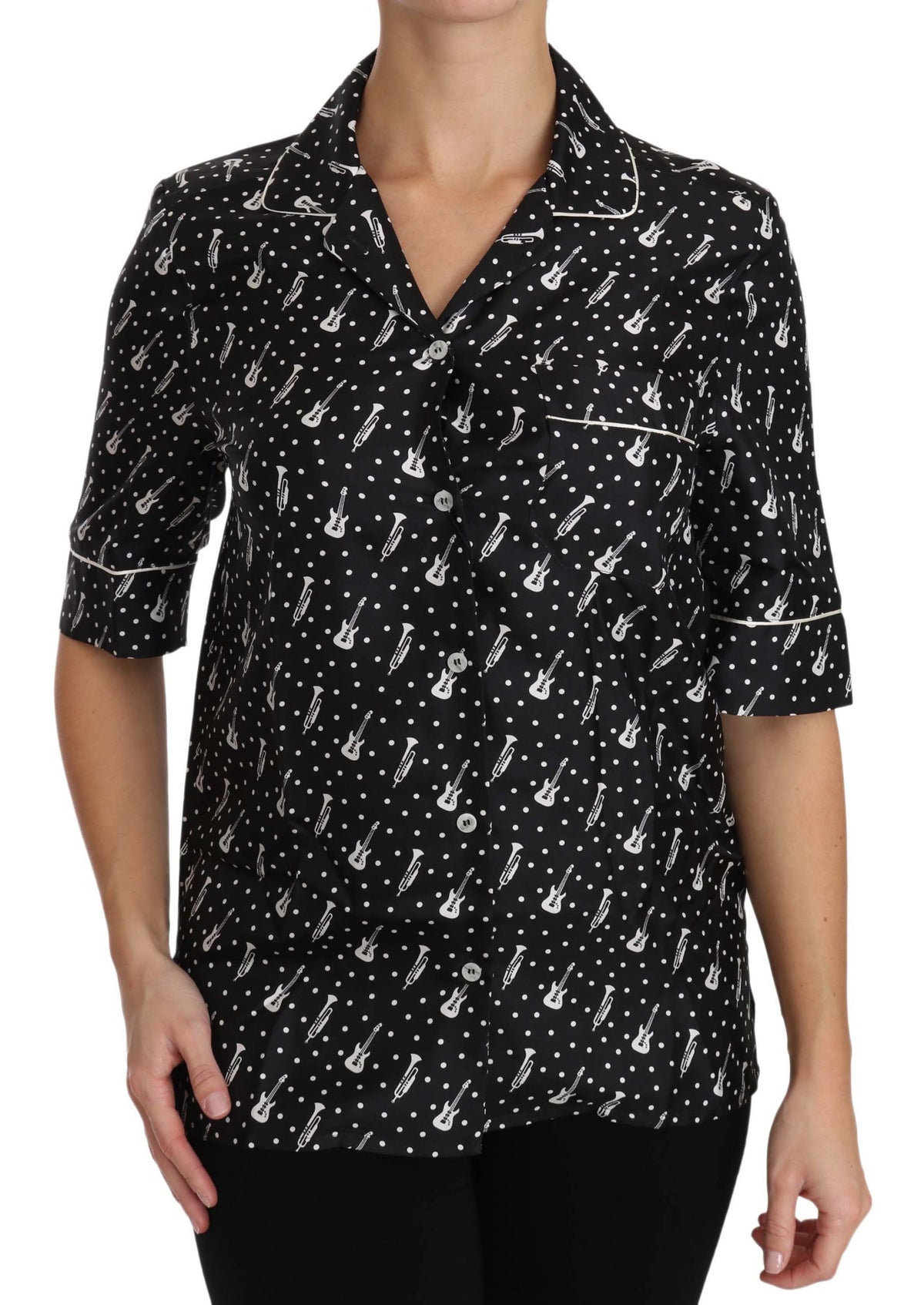 Dolce & Gabbana Black Guitar Trumpet Print Silk Shirt Top