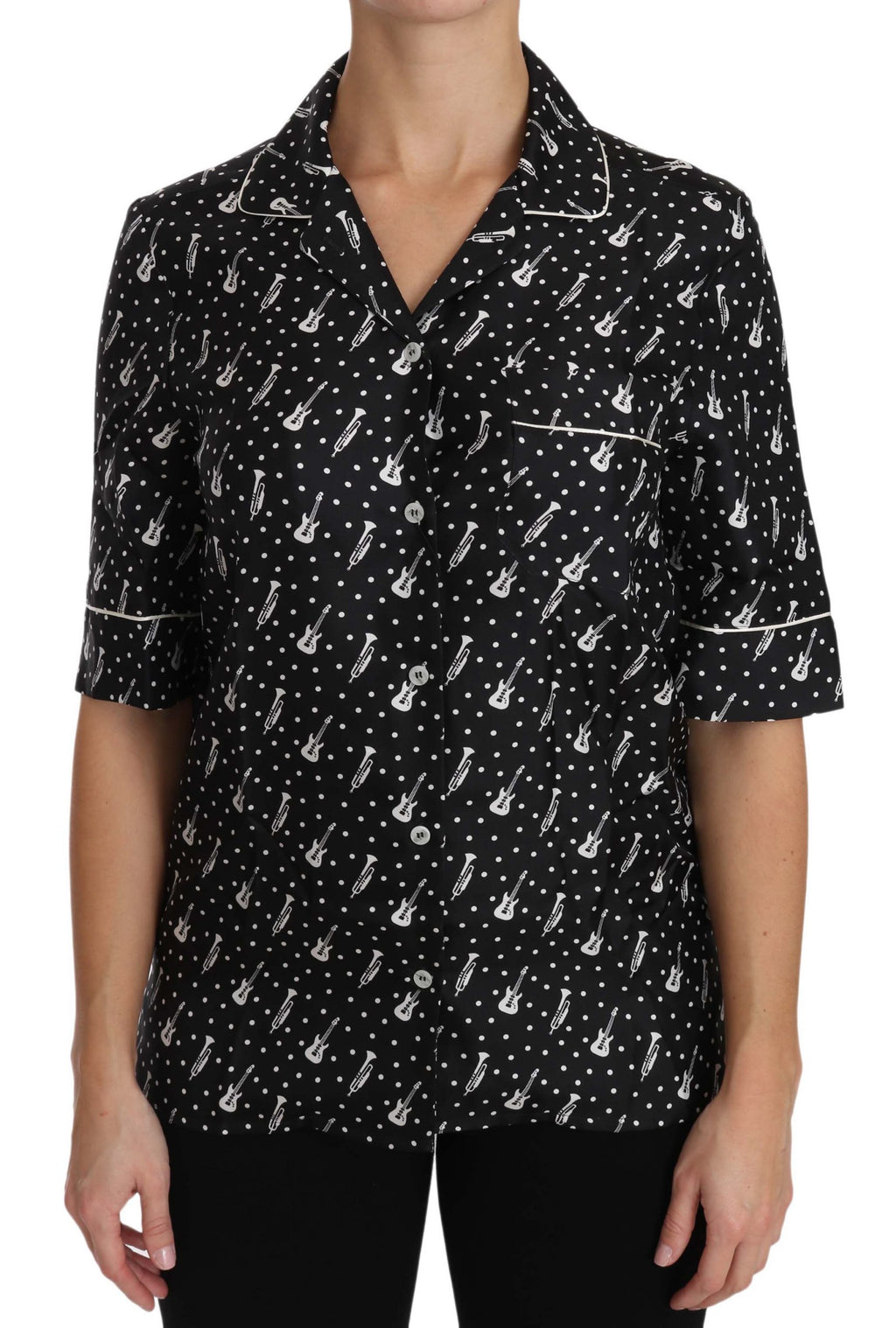 Dolce & Gabbana Black Guitar Trumpet Print Silk Shirt Top