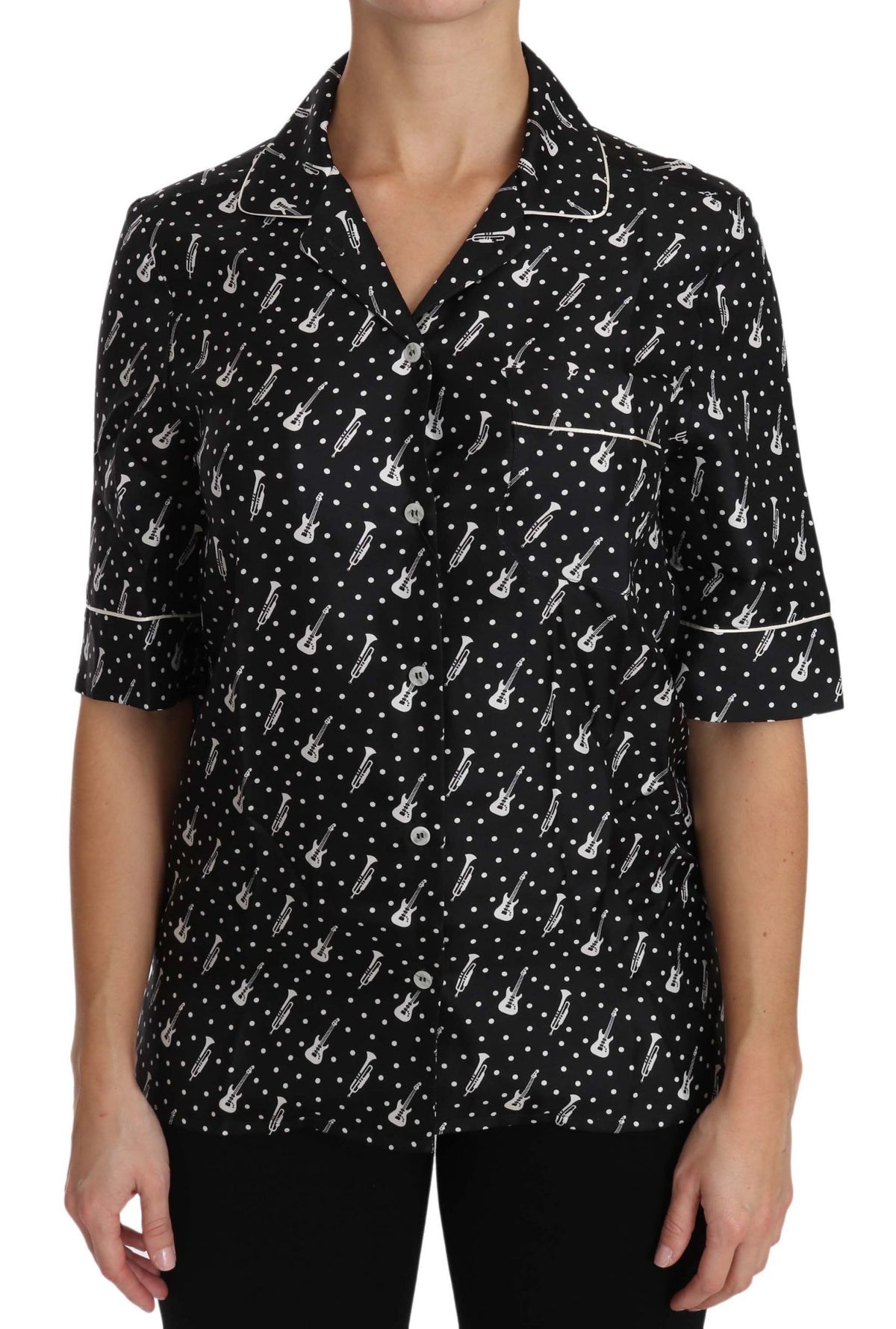Dolce & Gabbana Black Guitar Trumpet Print Silk Shirt Top