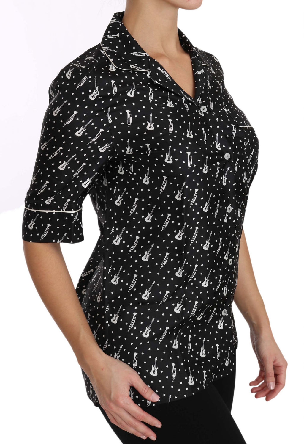 Dolce & Gabbana Black Guitar Trumpet Print Silk Shirt Top