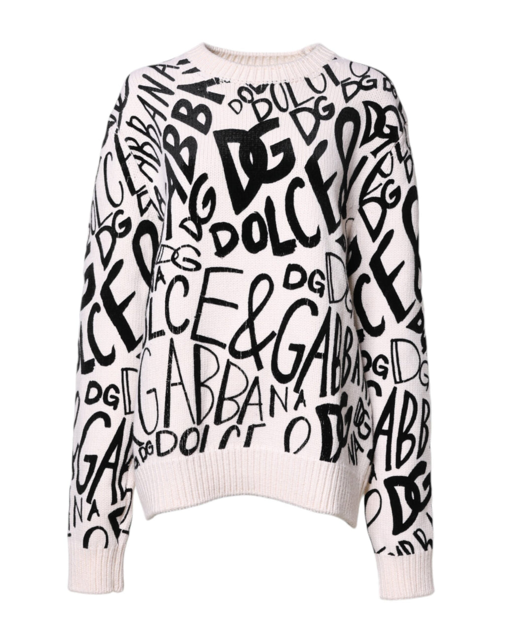 Dolce & Gabbana White-Black Logo-Print 100% Virgin Wool Sweater