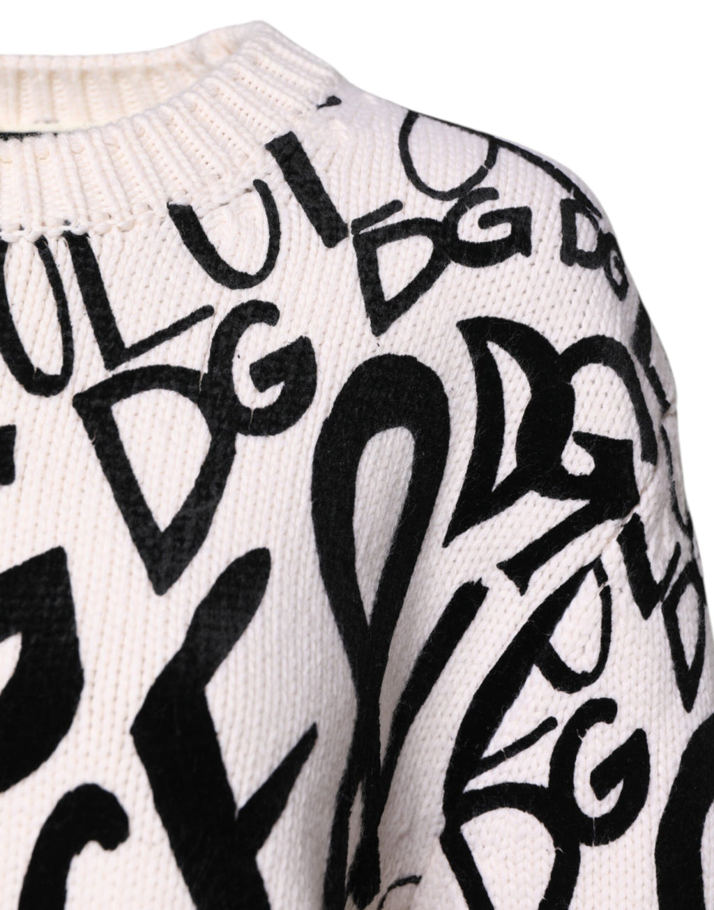Dolce & Gabbana White-Black Logo-Print 100% Virgin Wool Sweater