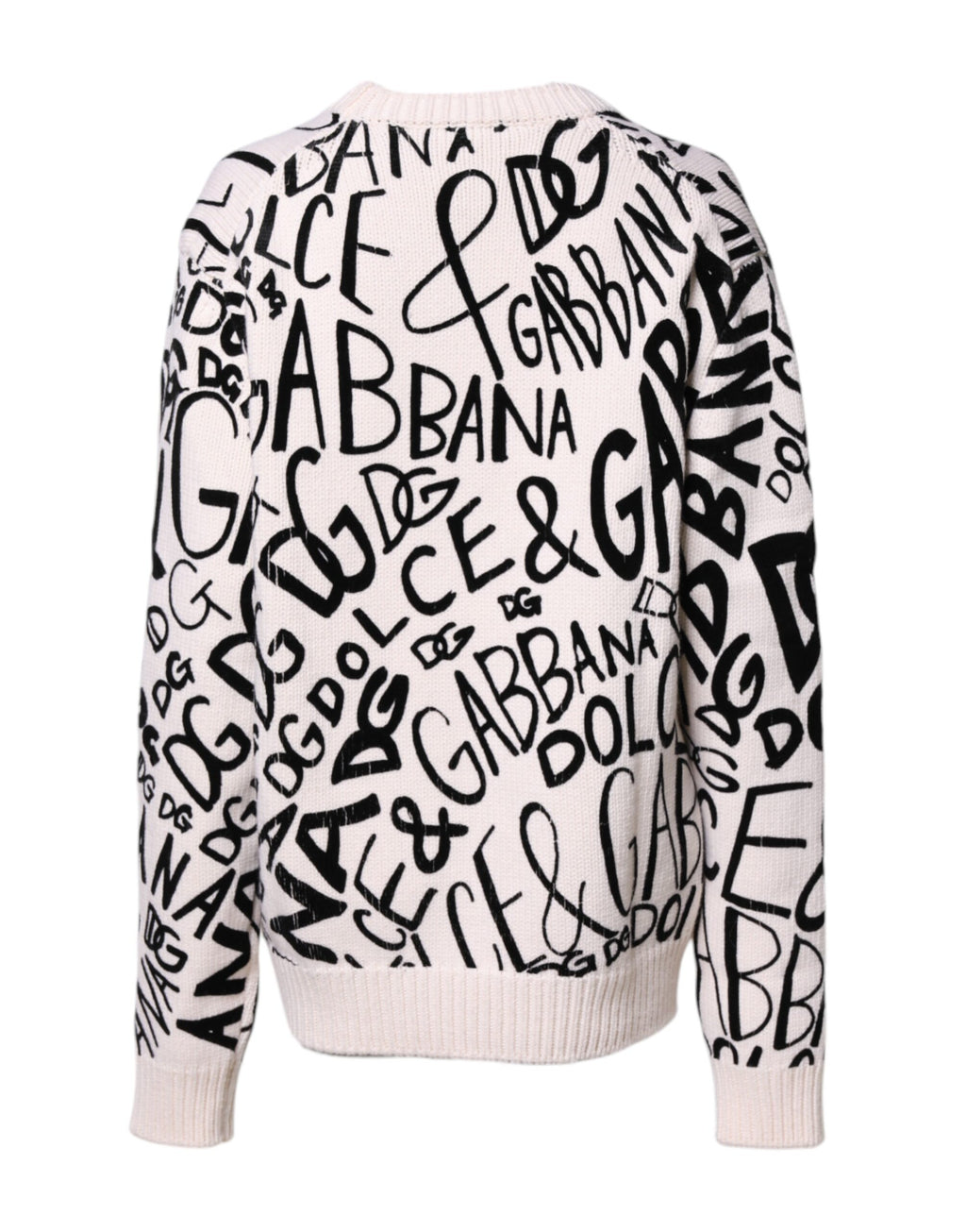 Dolce & Gabbana White-Black Logo-Print 100% Virgin Wool Sweater
