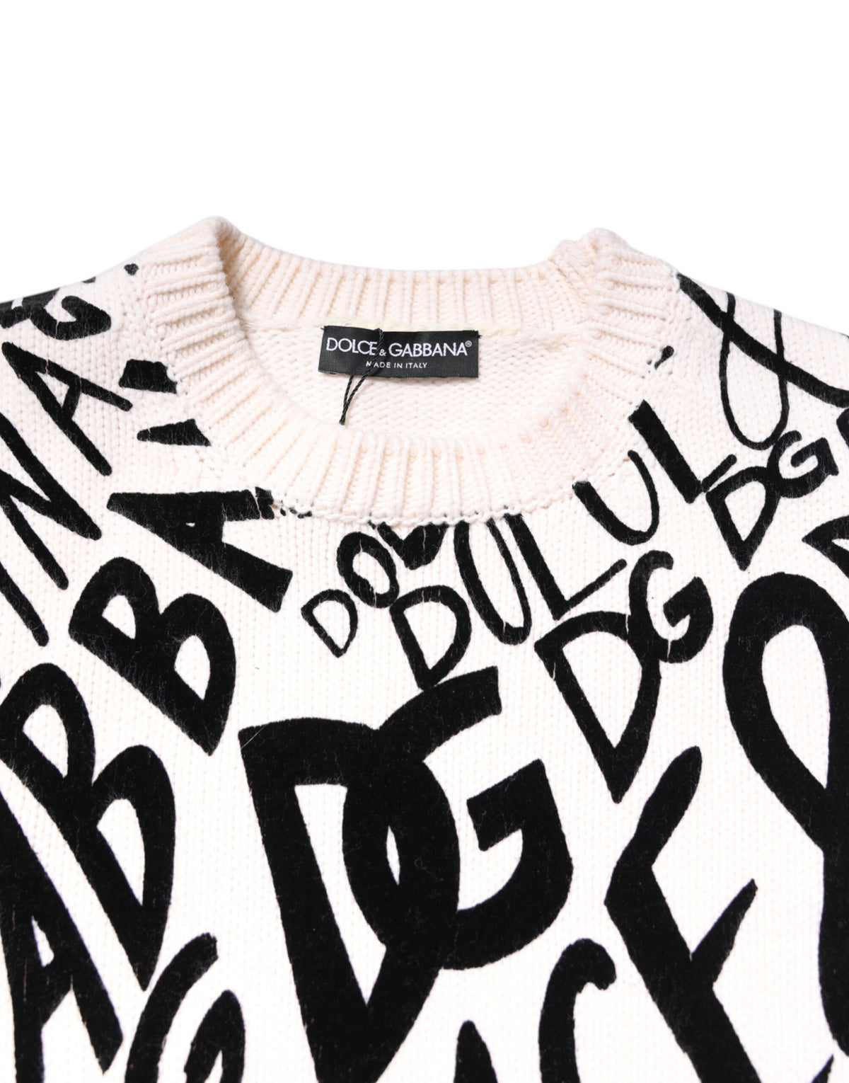 Dolce & Gabbana White-Black Logo-Print 100% Virgin Wool Sweater