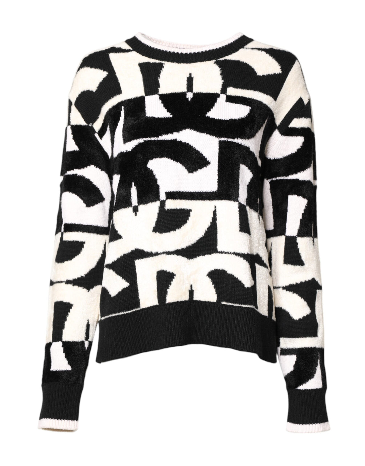 Dolce & Gabbana White-Black Logo-Print 50% Cashmere Sweater – Crew Neck