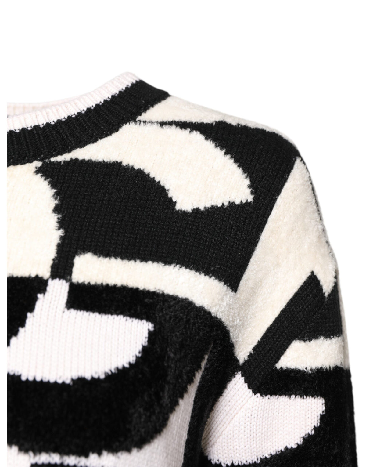 Dolce & Gabbana White-Black Logo-Print 50% Cashmere Sweater – Crew Neck