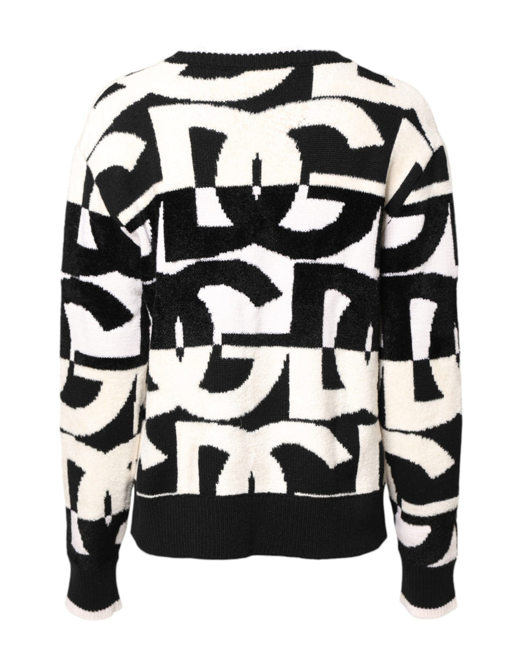 Dolce & Gabbana White-Black Logo-Print 50% Cashmere Sweater – Crew Neck