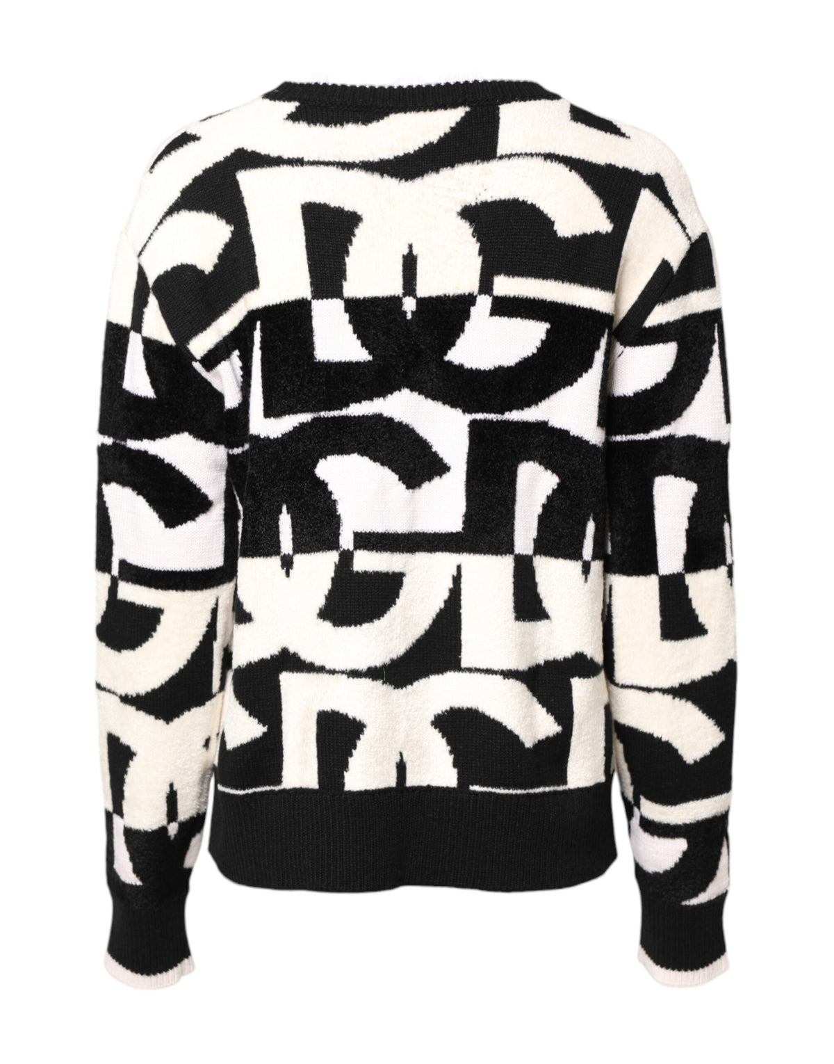 Dolce & Gabbana White-Black Logo-Print 50% Cashmere Sweater – Crew Neck