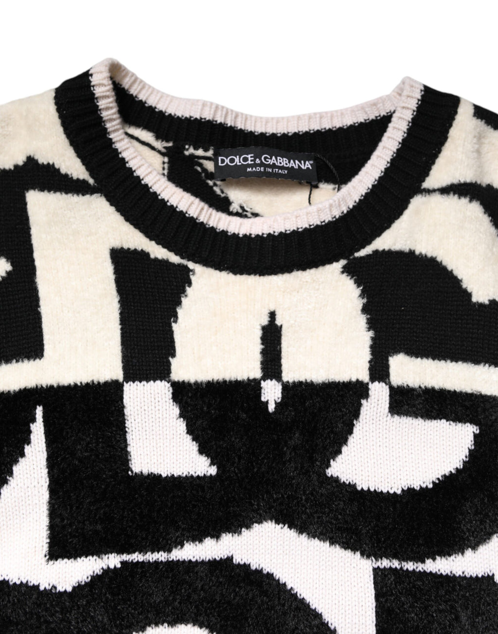 Dolce & Gabbana White-Black Logo-Print 50% Cashmere Sweater – Crew Neck