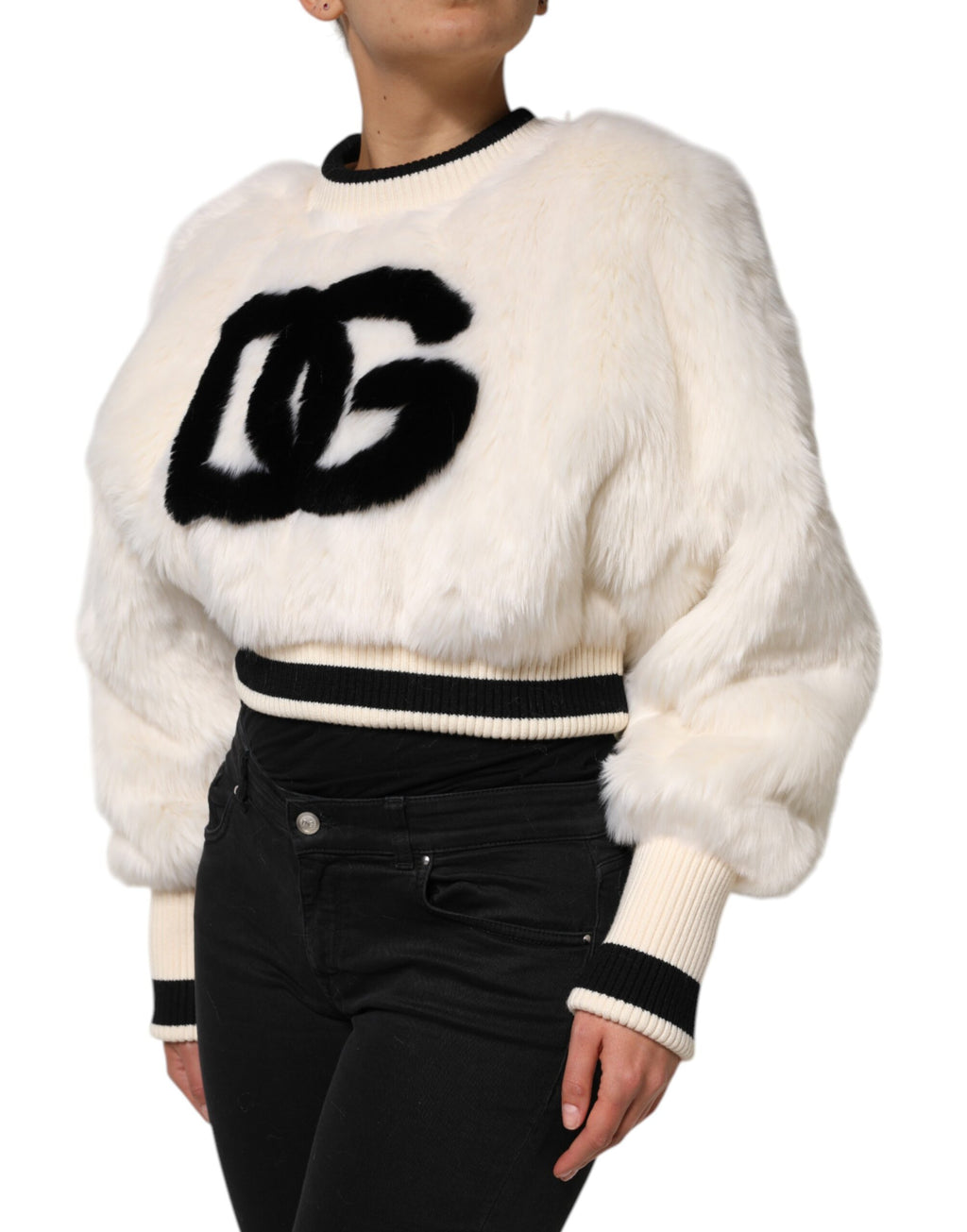 Dolce & Gabbana White-Black Faux-Fur Cropped Sweater – 85% Acrylic, Silk Lining