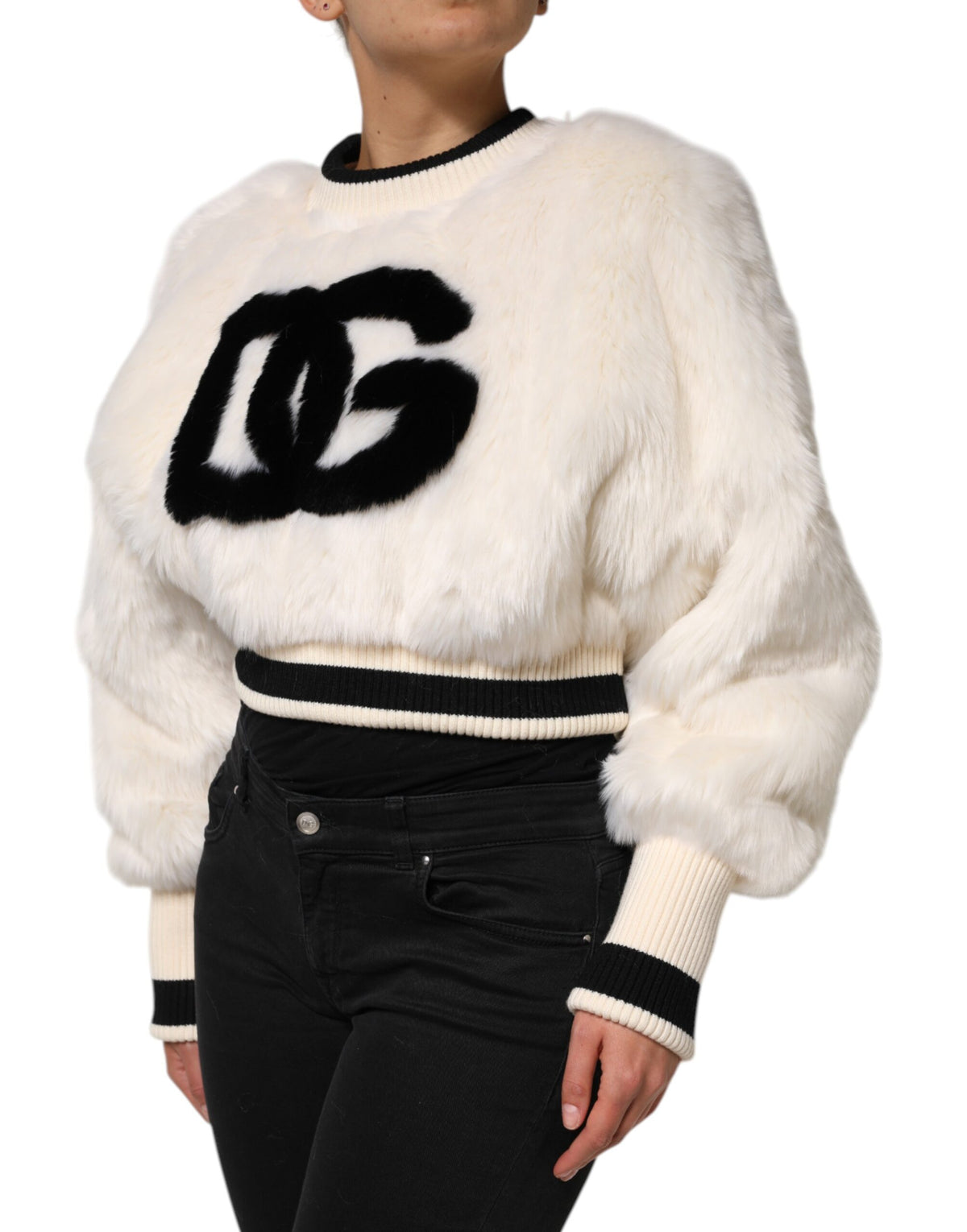Dolce & Gabbana White-Black Faux-Fur Cropped Sweater – 85% Acrylic, Silk Lining