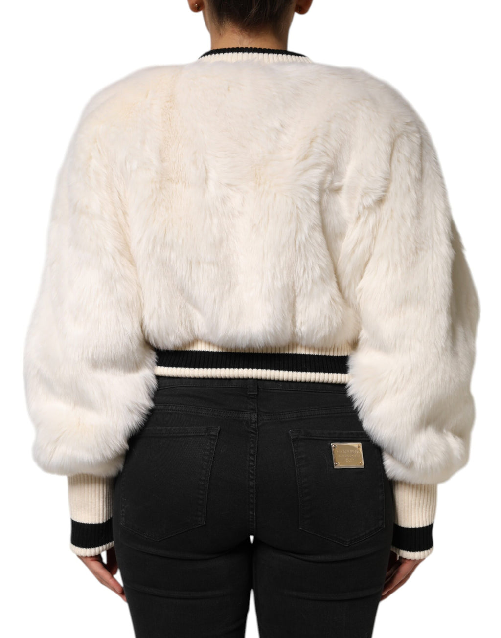 Dolce & Gabbana White-Black Faux-Fur Cropped Sweater – 85% Acrylic, Silk Lining