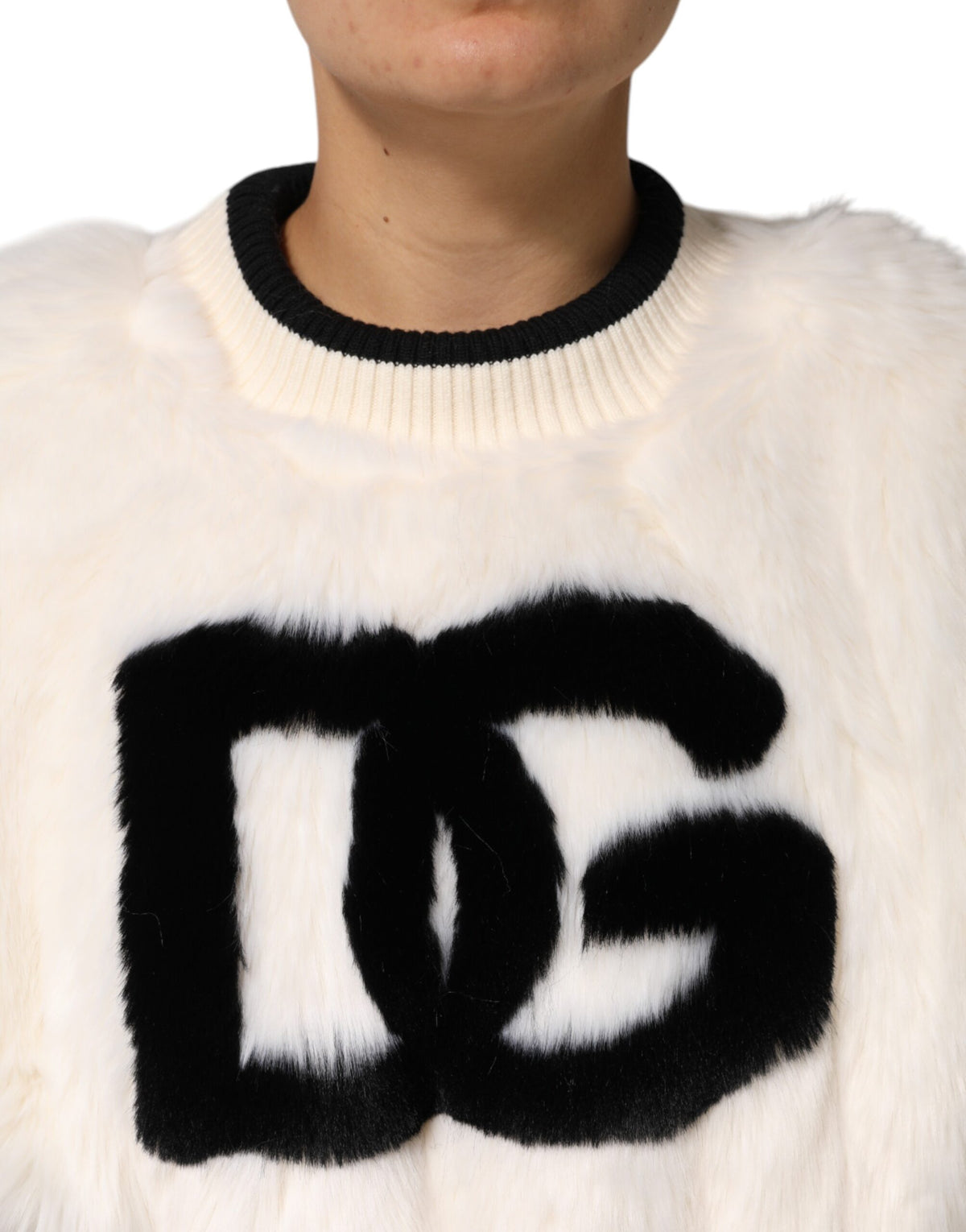 Dolce & Gabbana White-Black Faux-Fur Cropped Sweater – 85% Acrylic, Silk Lining