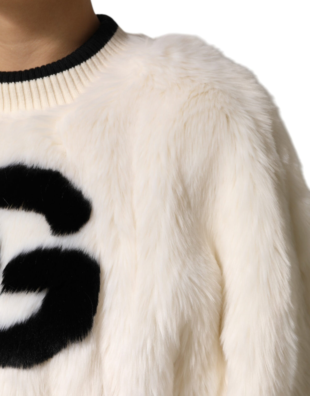 Dolce & Gabbana White-Black Faux-Fur Cropped Sweater – 85% Acrylic, Silk Lining
