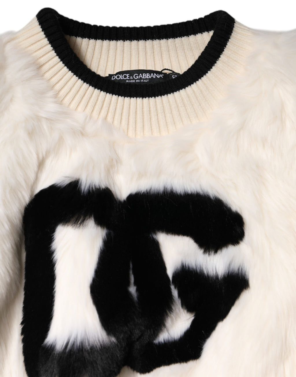Dolce & Gabbana White-Black Faux-Fur Cropped Sweater – 85% Acrylic, Silk Lining