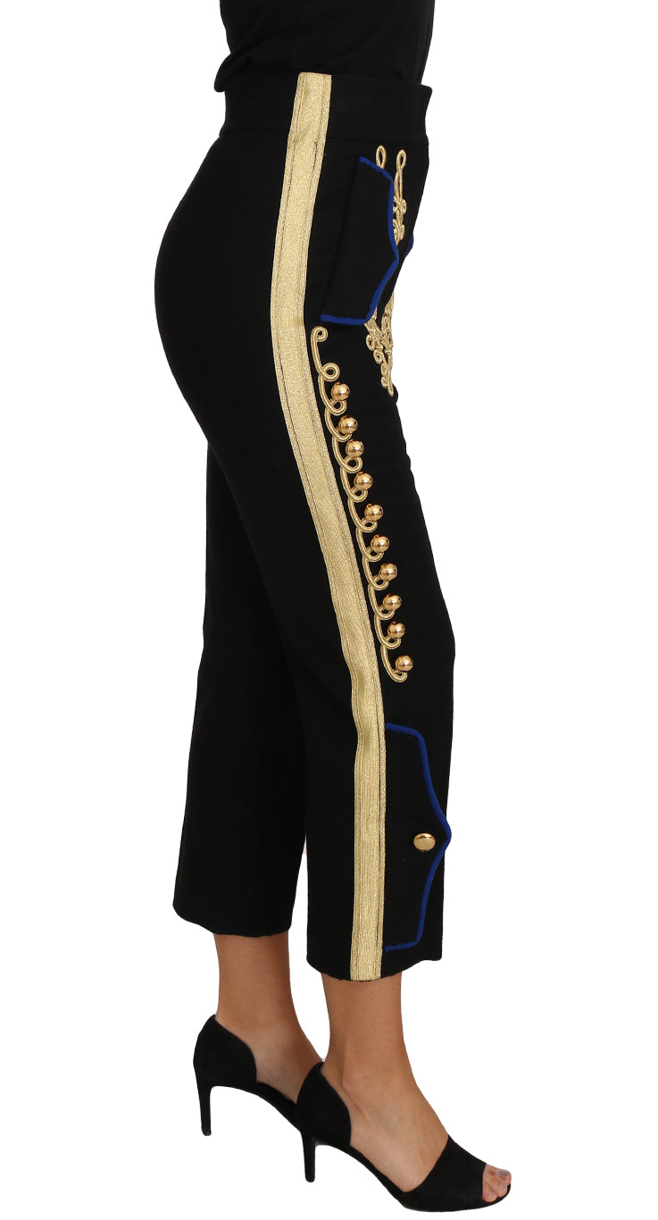 Dolce & Gabbana Black and Gold Military-Embellished Cropped Trousers – Wool