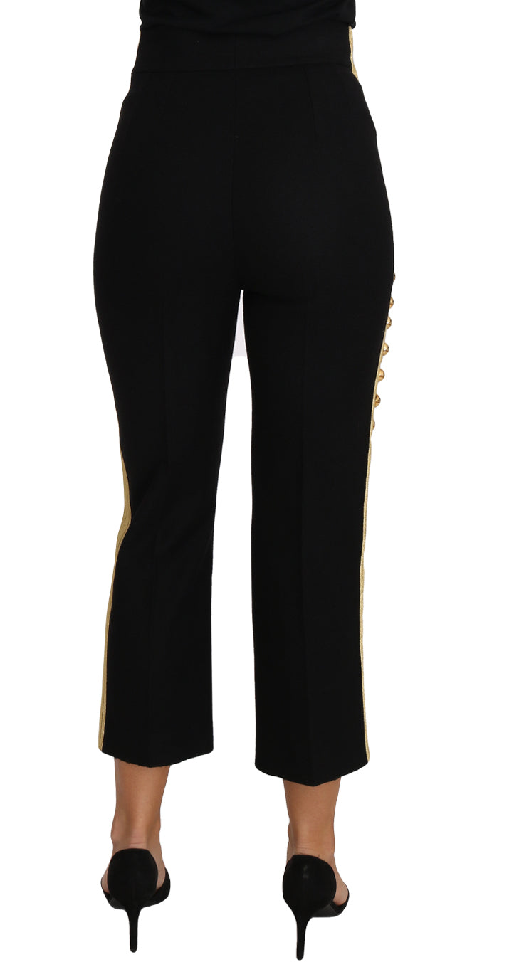 Dolce & Gabbana Black and Gold Military-Embellished Cropped Trousers – Wool
