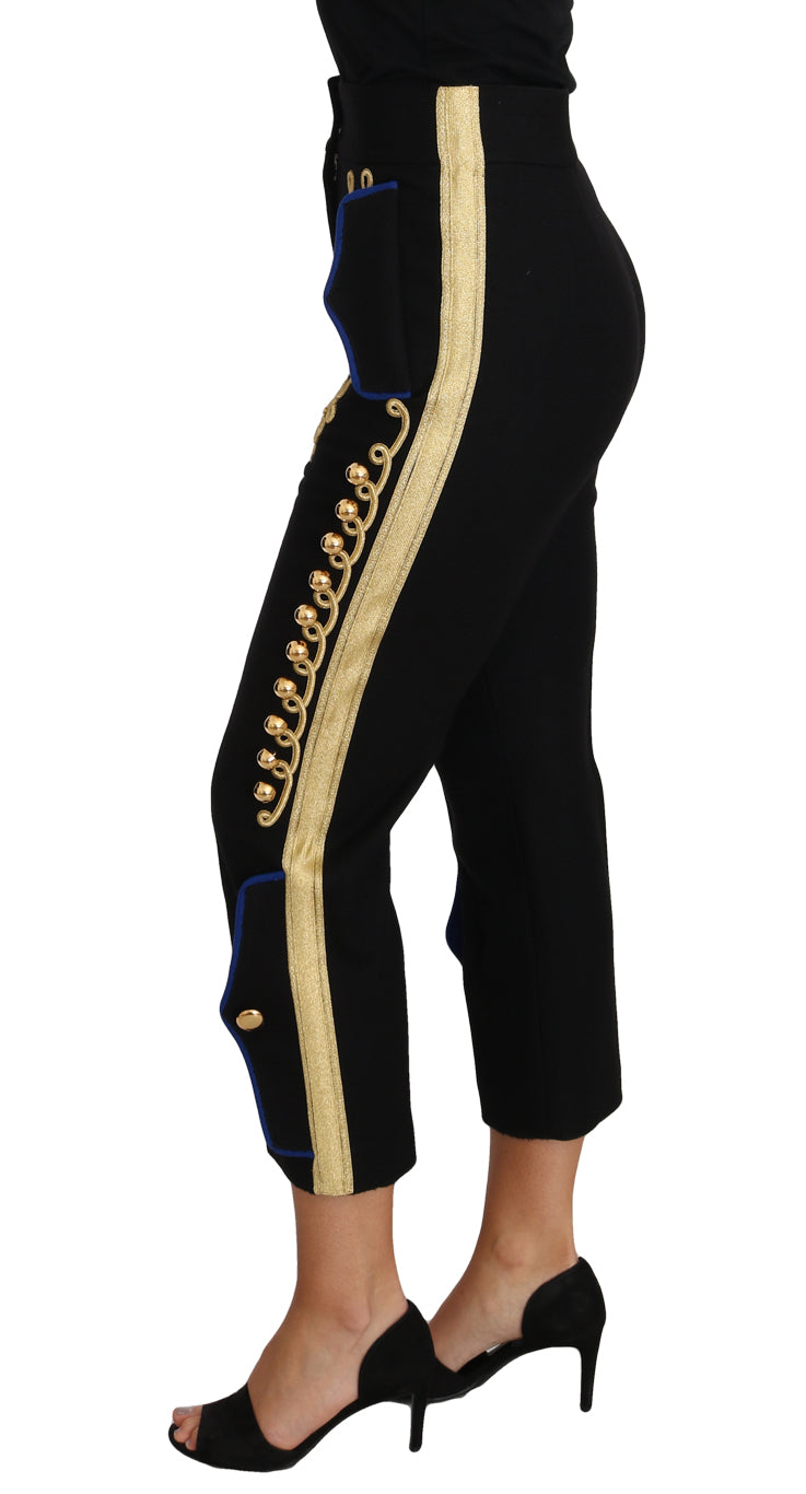 Dolce & Gabbana Black and Gold Military-Embellished Cropped Trousers – Wool