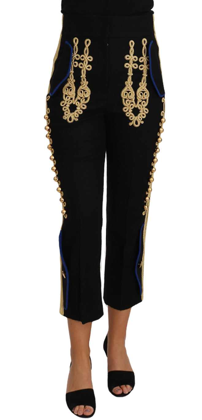 Dolce & Gabbana Black and Gold Military-Embellished Cropped Trousers – Wool