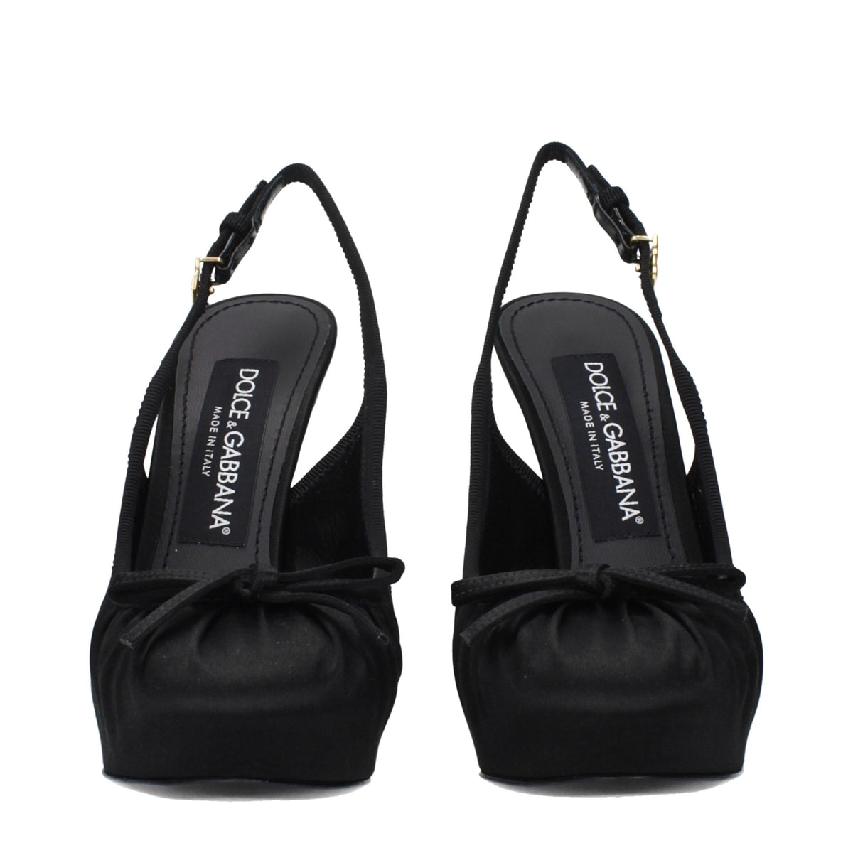 Dolce & Gabbana Black Satin High-Heel Shoes – 13 cm Heel, Round Toe, Buckle Closure, Leather Sole, Logo, Italian